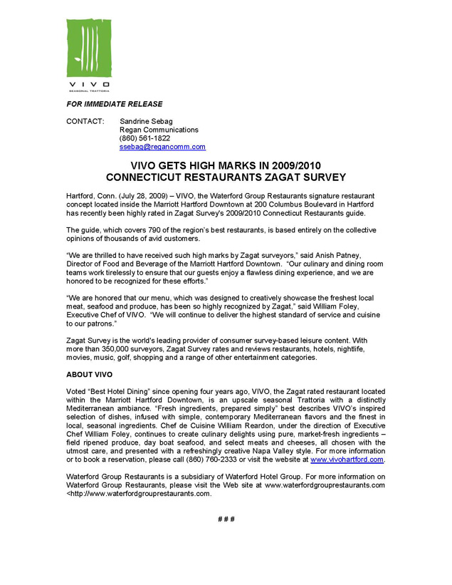 Vivo Zagat Rated Again for 2009